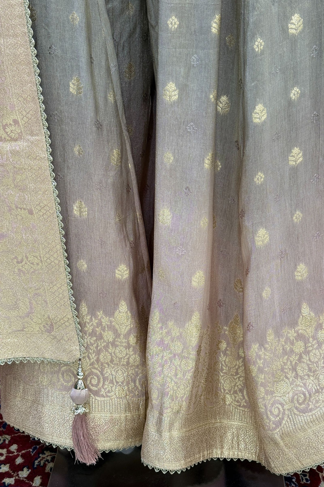 Baby Pink with Grey Mirror, Sequins, Beads, Zari, Stone and Banaras work Palazzo Salwar Suit