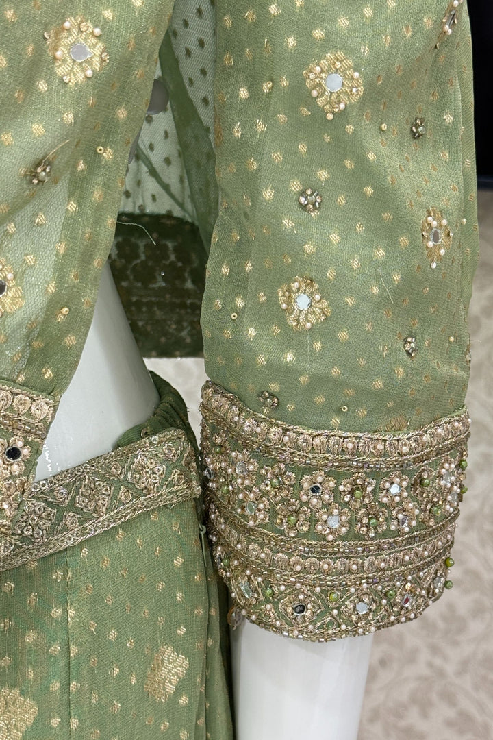 Pista Green Stone, Zari and Sequins work Crop Top with Overcoat Styled Palazzo Suit Set