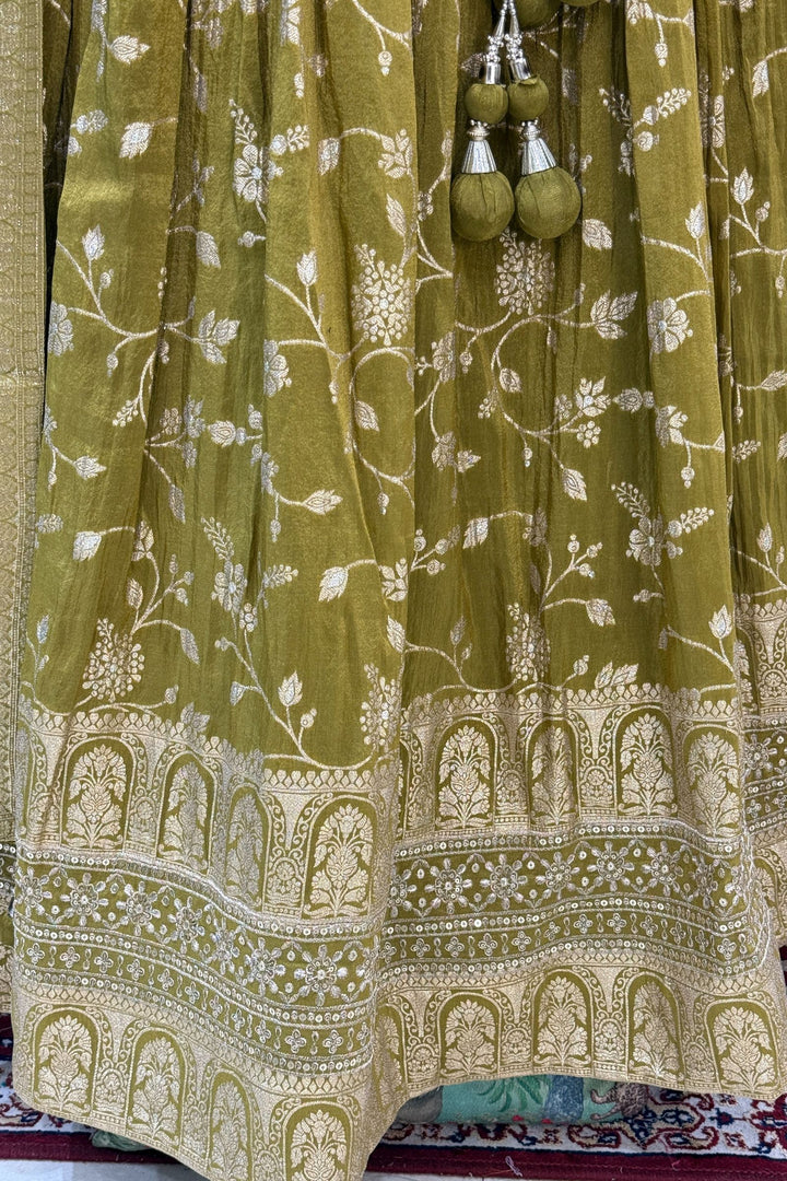 Mehendi Green Mirror, Beads, Sequins, Zardozi and Banaras work Peplum Style Lehenga