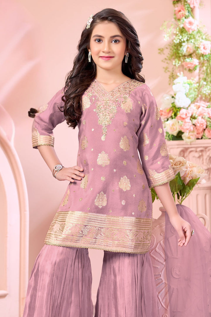 Onion Pink Brocade, Zardozi, Beads and Sequins work Sharara Suit Set for Girls