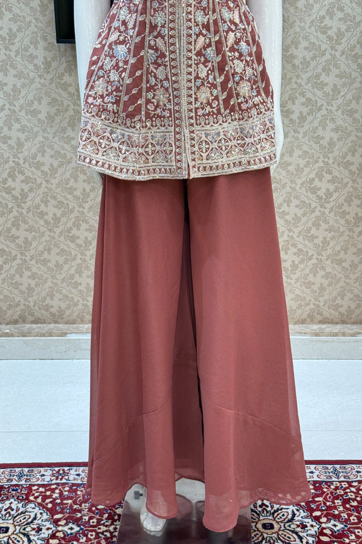 Brick Red Multicolor Embroidery and Sequins work Peplum Top with Palazzo Suit Set