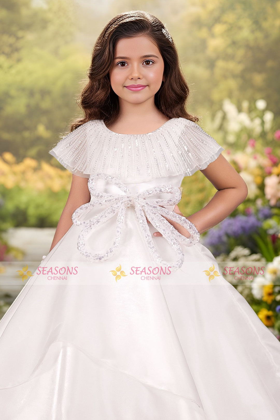 White Beads and Sequins work Kaftan Styled Long Party Frock for Girls