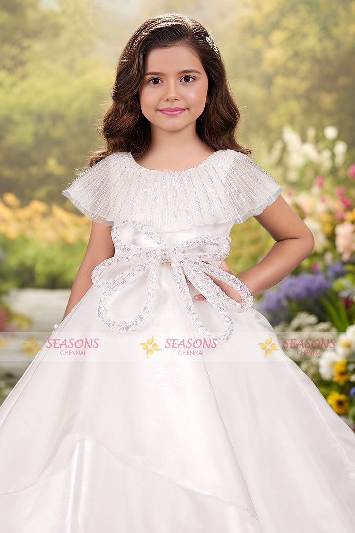 White Beads and Sequins work Kaftan Styled Long Party Frock for Girls