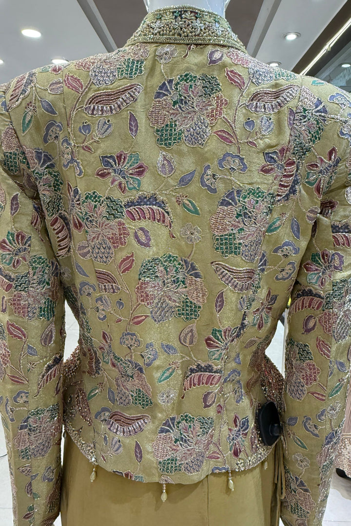 Green Beads, Zari and Sequins work with Floral Print Crop Top and Cowl Skirt