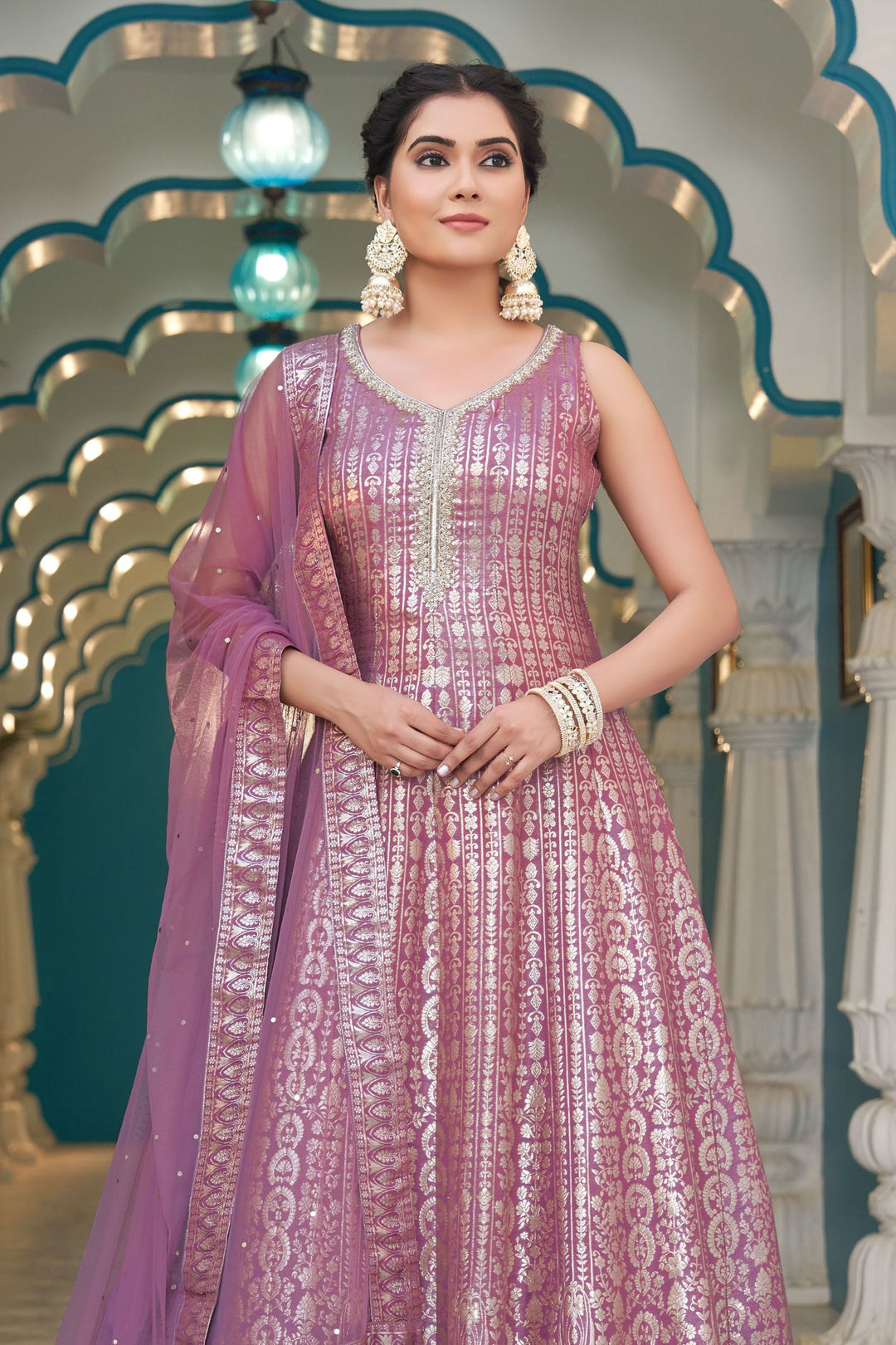 Onion Banaras, Zardozi and Beads work Floor Length Anarkali Suit