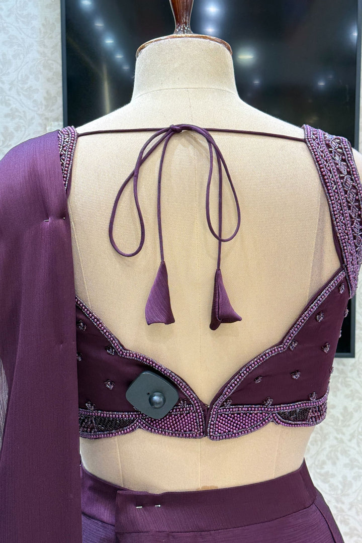 Wine Readymade Saree with Beads, Sequins and Pearl work Readymade Blouse