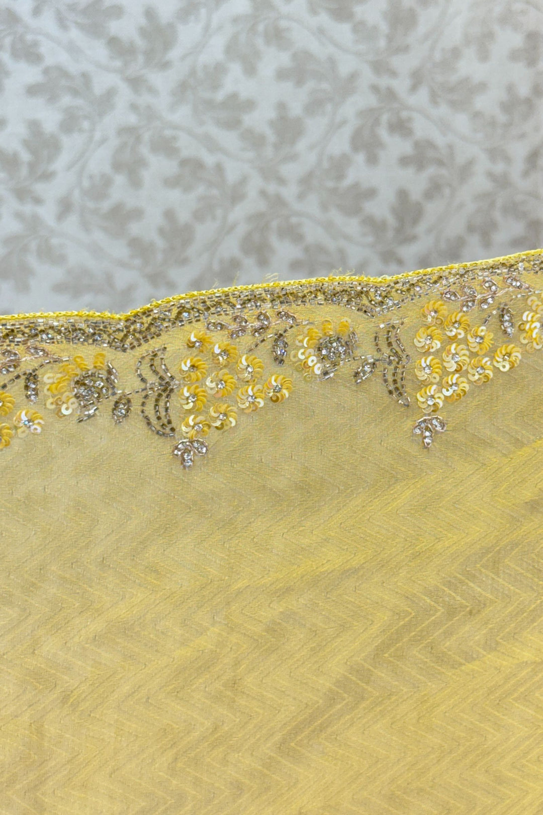 Yellow Beads, Stone, Zardozi, Sequins and Pearl work Saree
