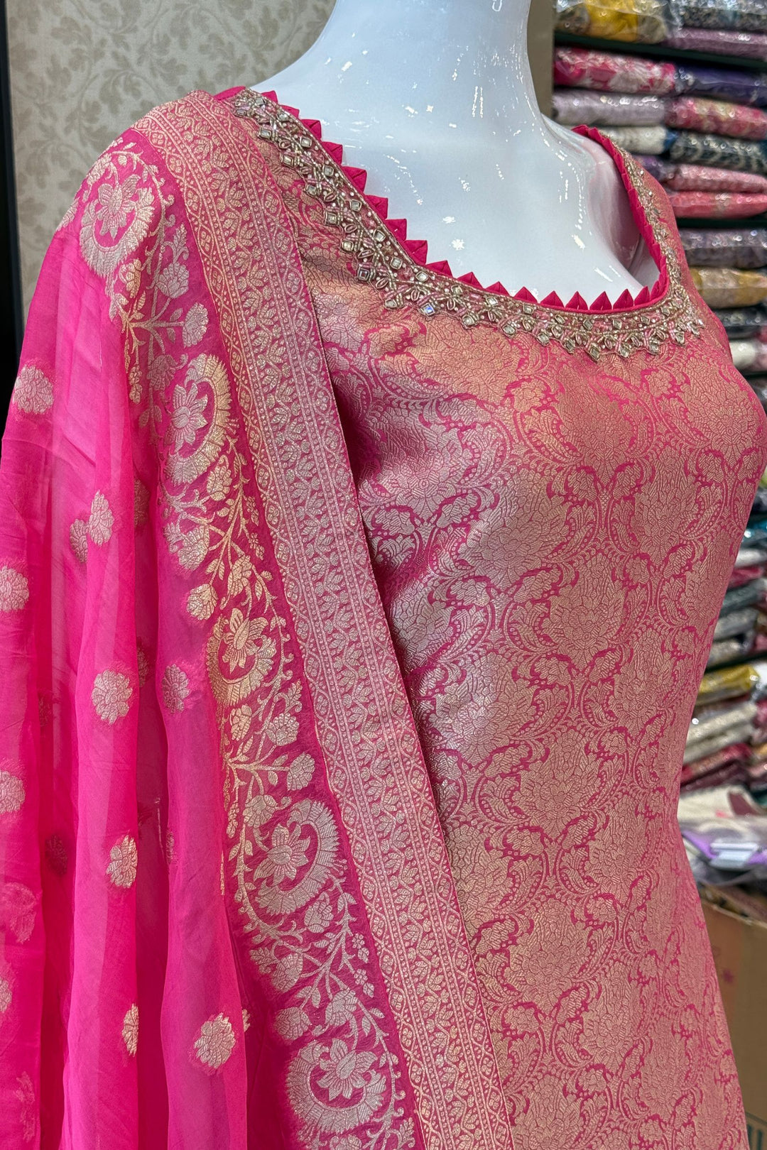 Rani Pink Beads, Mirror, Stone, Banaras and Brocade work Straight Cut Salwar Suit