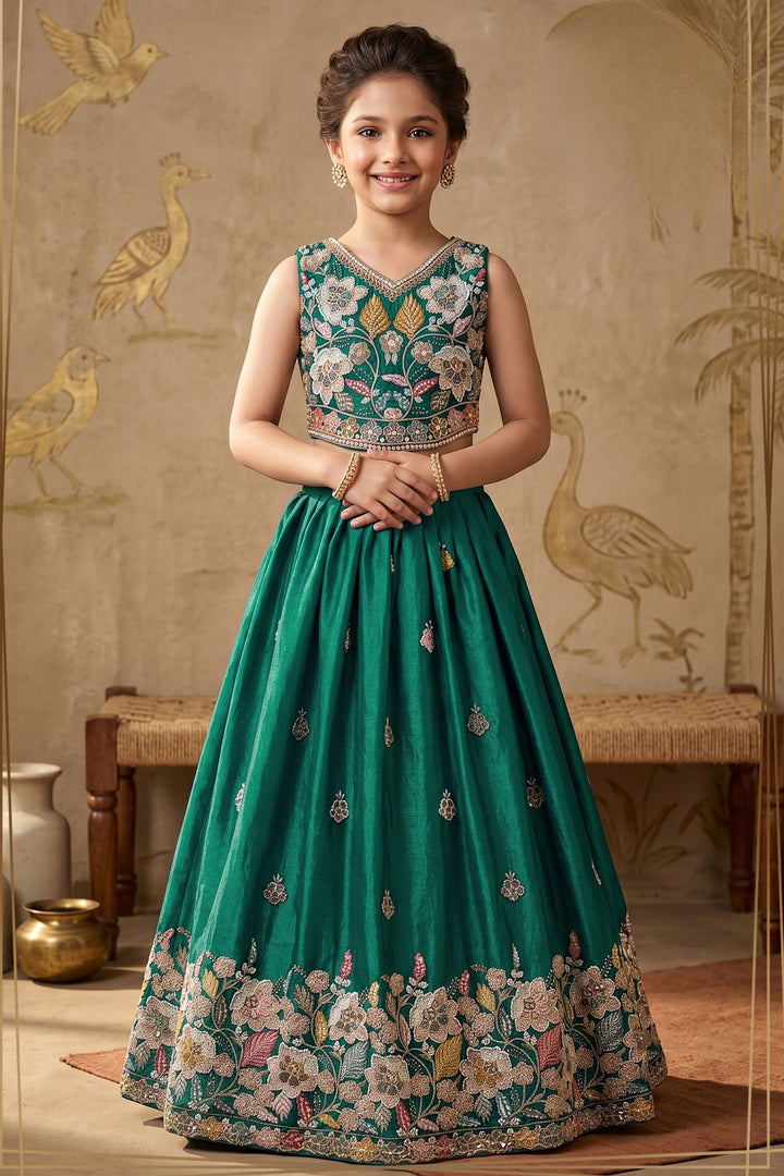 Peacock Green Floral Embroidery Girls Lehenga Choli with Zari, Beads and Sequins work