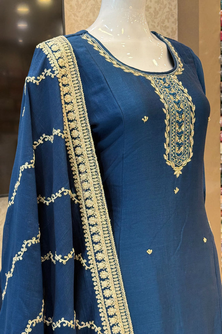 Peacock Blue Zardozi, Beads, Sequins, Thread and Zari work Aline Cut Salwar Suit