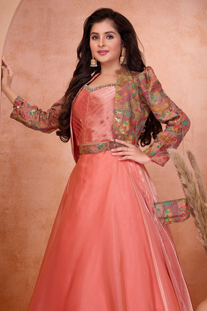 Peach Sequins and Zari work with Multicolor Digital Print Jacket Styled Lehenga Choli for Girls