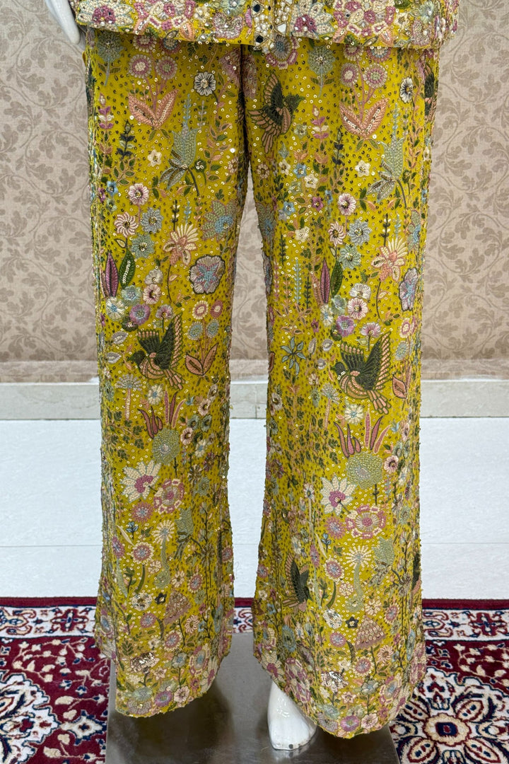 Yellow Multicolor Embroidery, Sequins, Pearl, Stone and Mirror work Salwar with Palazzo Pant