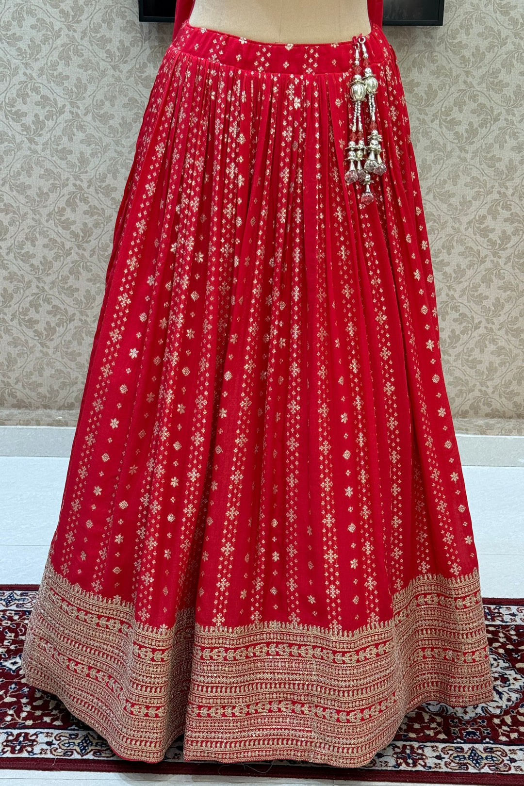 Red Brocade, Beads, Zari, Zardozi and Sequins work Crop Top Lehenga