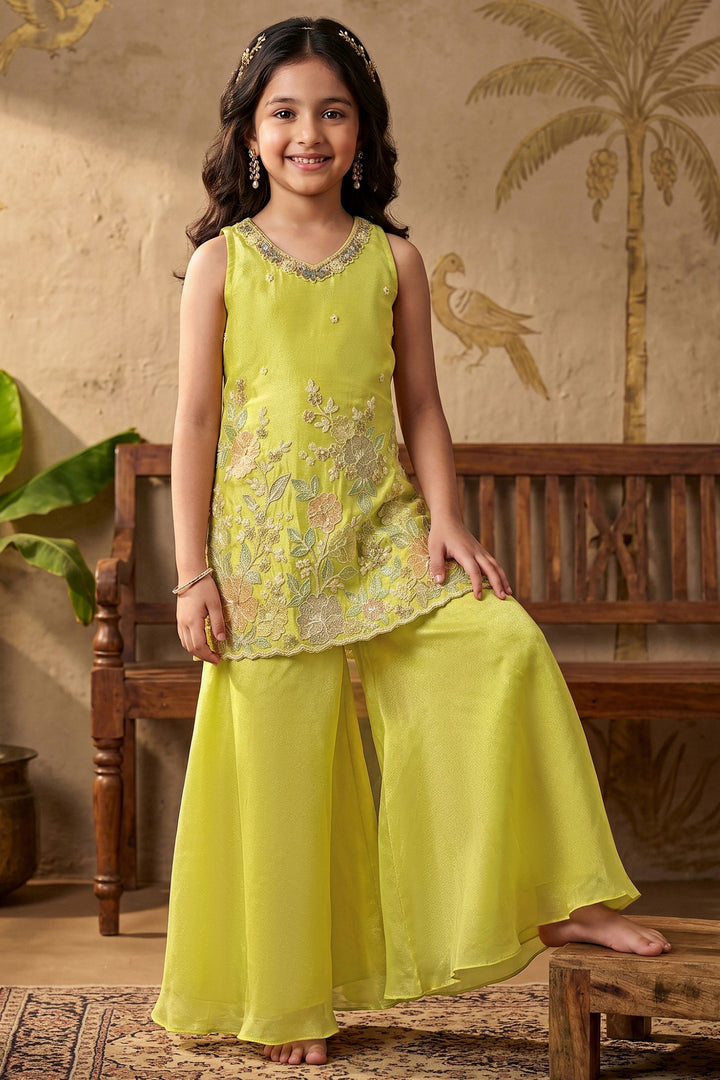 Parrot Green Mirror, Stone, Beads and Sequins work Palazzo Suit Set for Girls