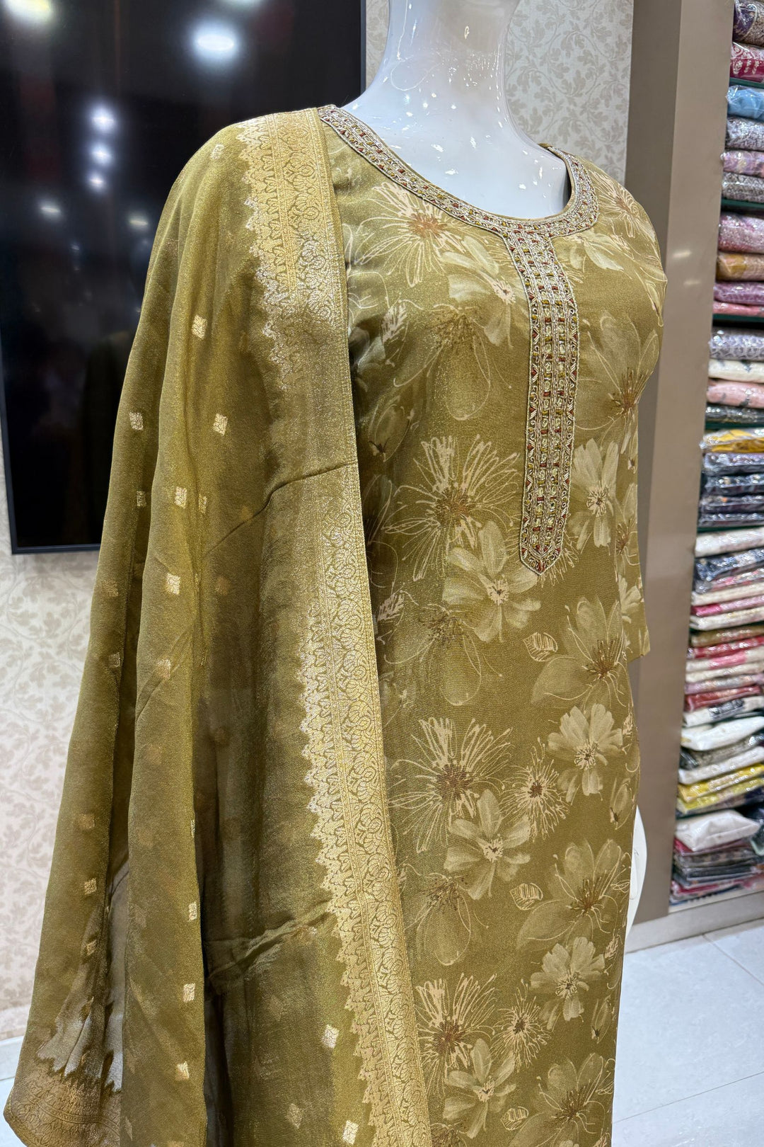 Olive Green Mirror, Zardozi and Banaras work with Floral Print Straight Cut Salwar Suit