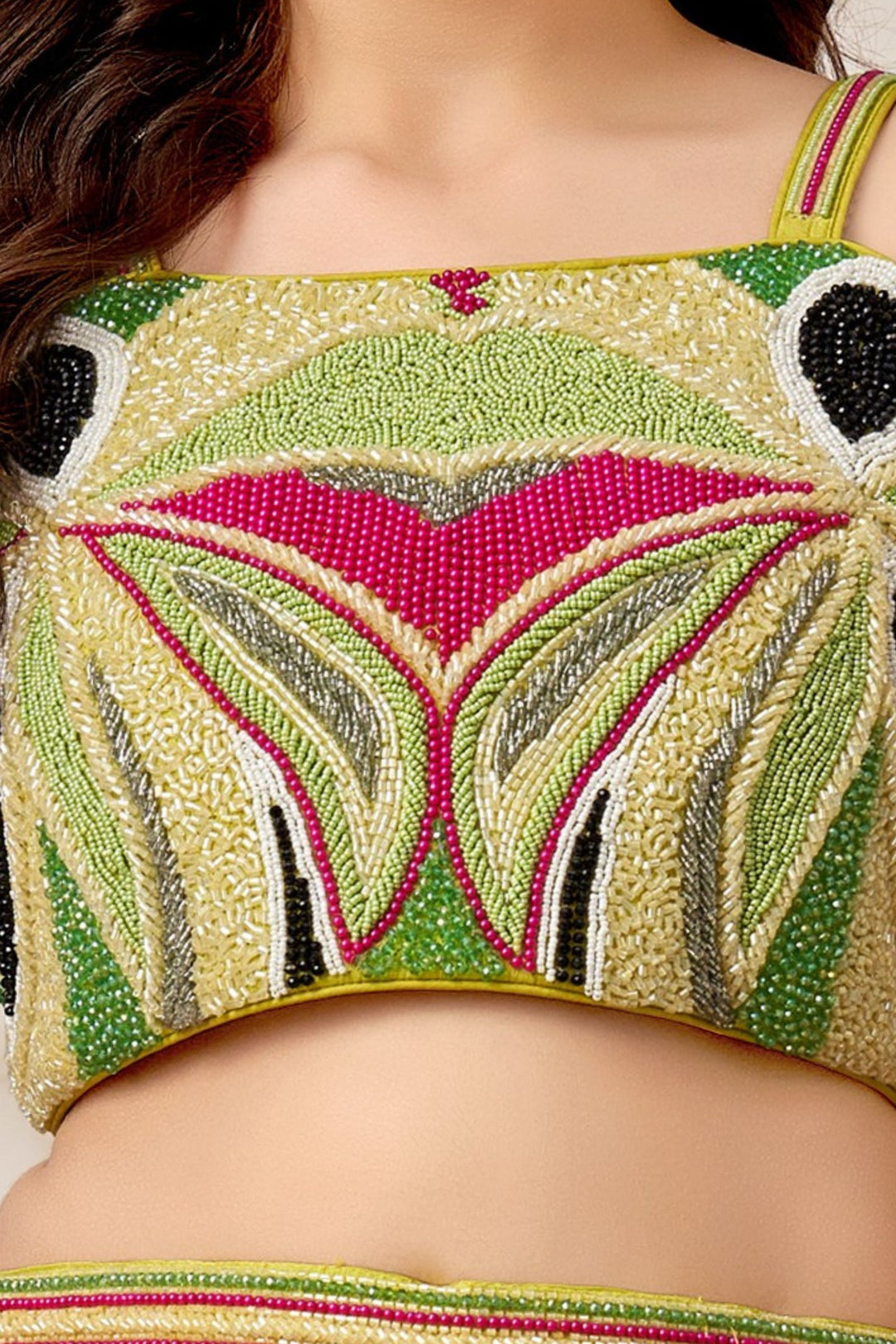Parrot Green Multicolor Beads work Palazzo Suit Set for Girls