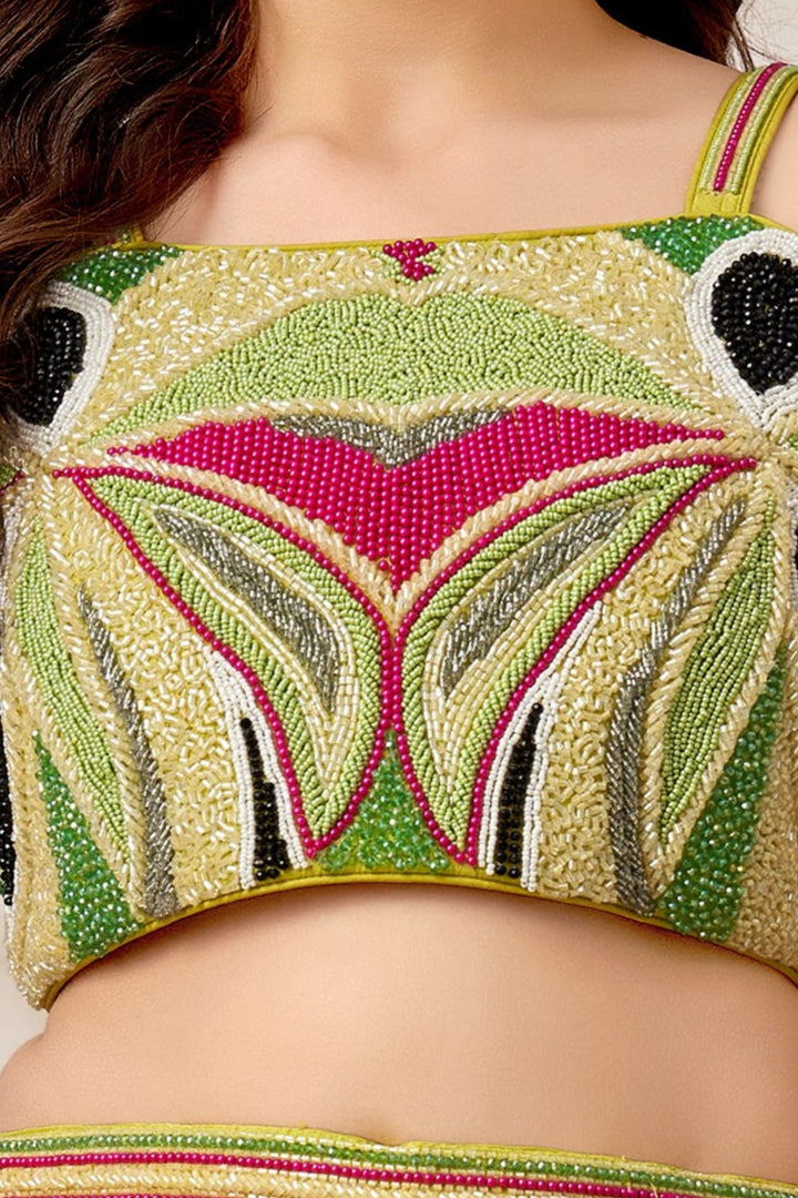 Parrot Green Multicolor Beads work Palazzo Suit Set for Girls