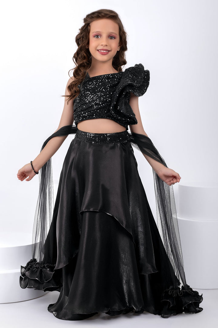 Black Sequins work One-Shoulder Ruffle Lehenga for Girls