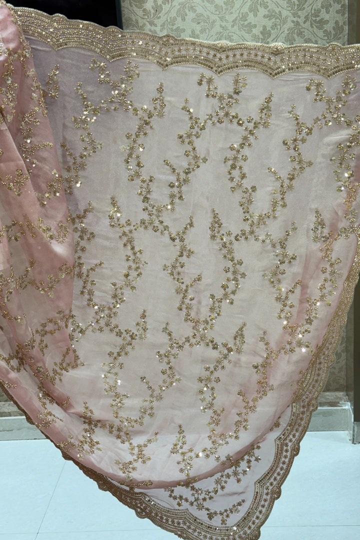 Rose Pink Zari, Beads and Sequins work Saree