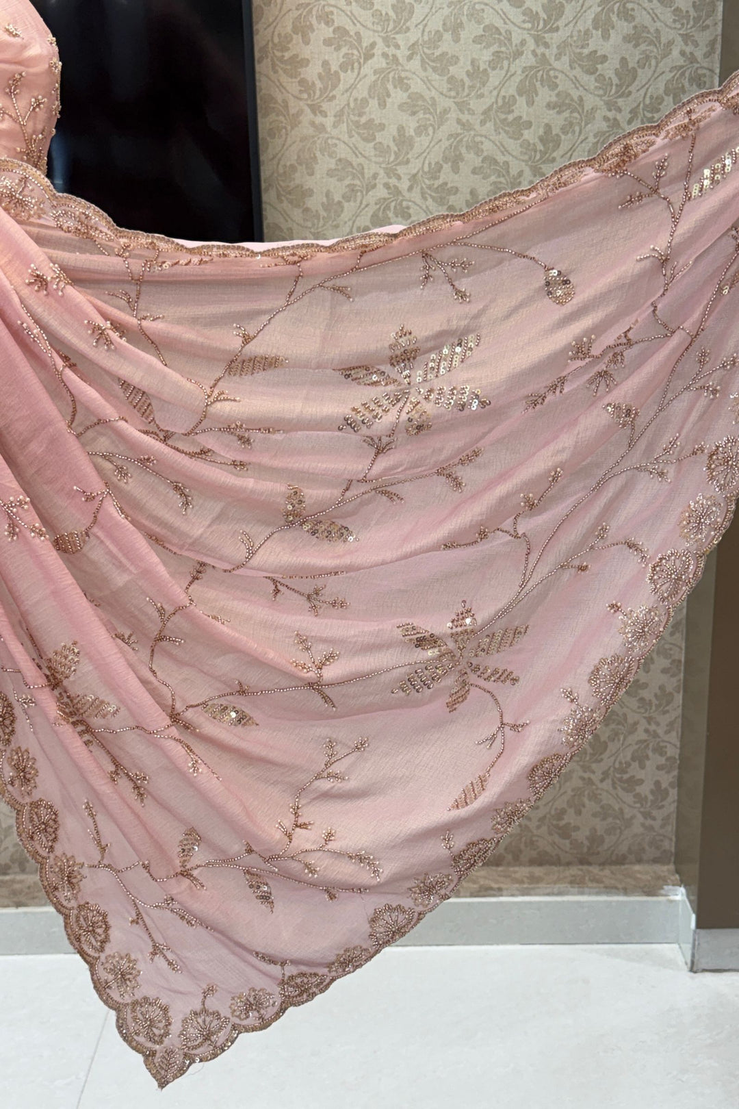 Pink Pearl, Sequins, Beads and Zari work Saree