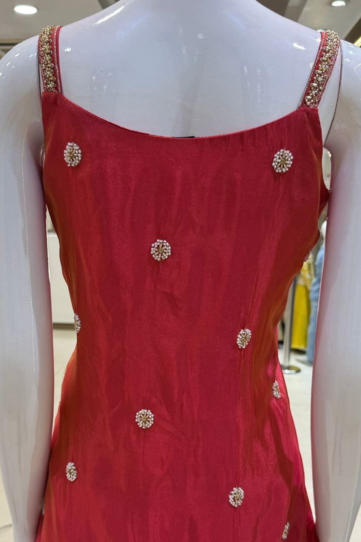 Tomato Red Beads, Sequins and Zari work Palazzo Salwar Suit