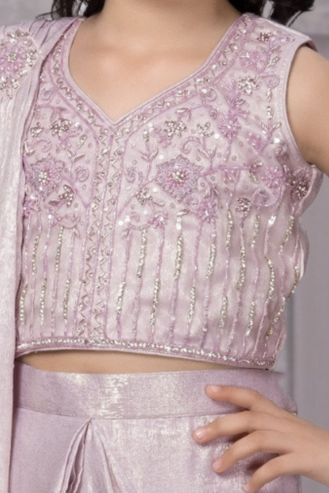 Light Lavender Beads, Sequins and Stone work Indo-Western saree for Kids