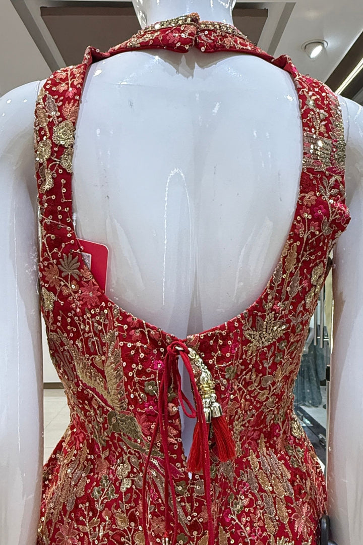 Red Mirror, Stone, Beads, Sequins, Thread and Zari work Palazzo Salwar Suit