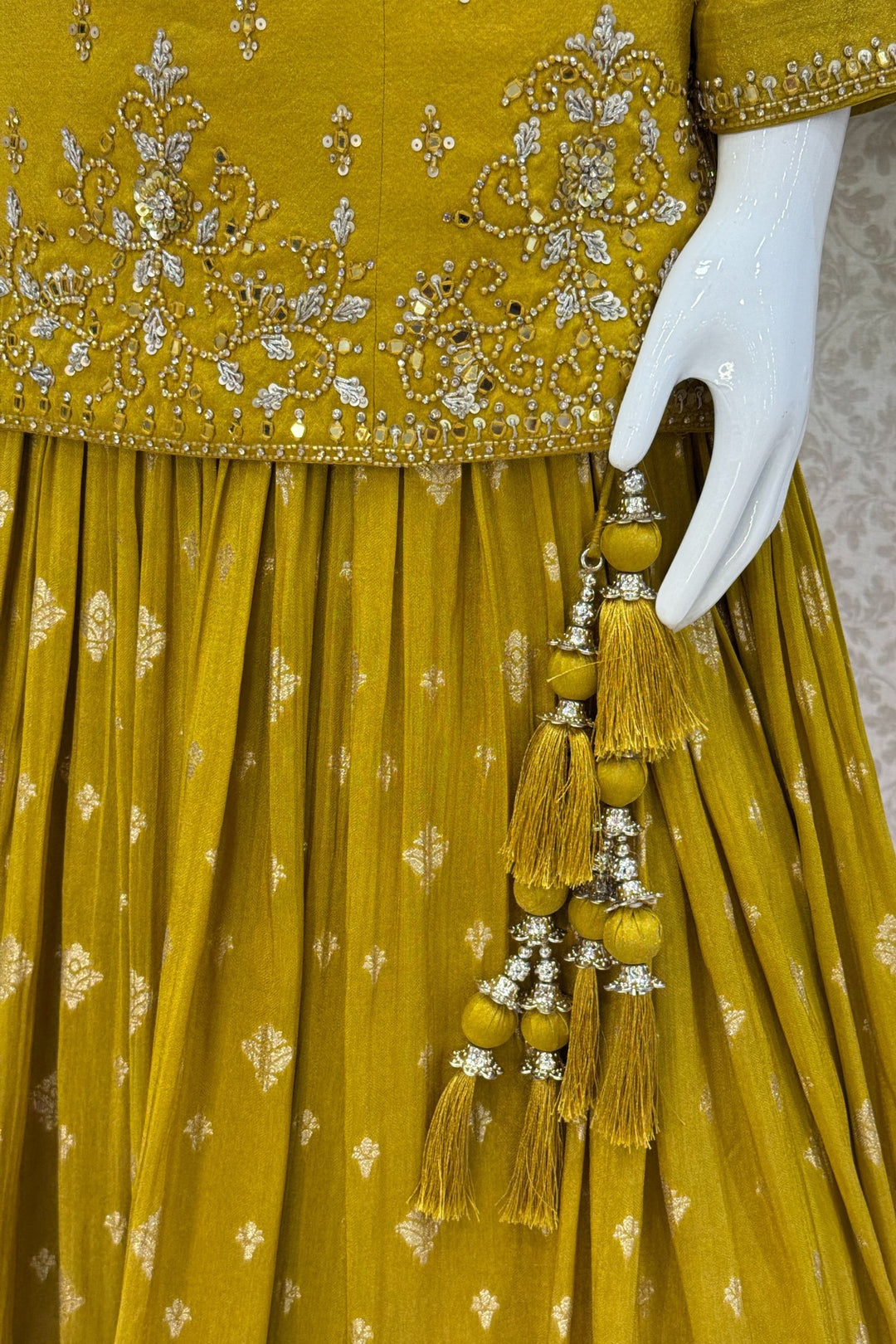 Yellow Mirror, Stone, Sequins, Zari, Beads and Banaras work Top with Lehenga