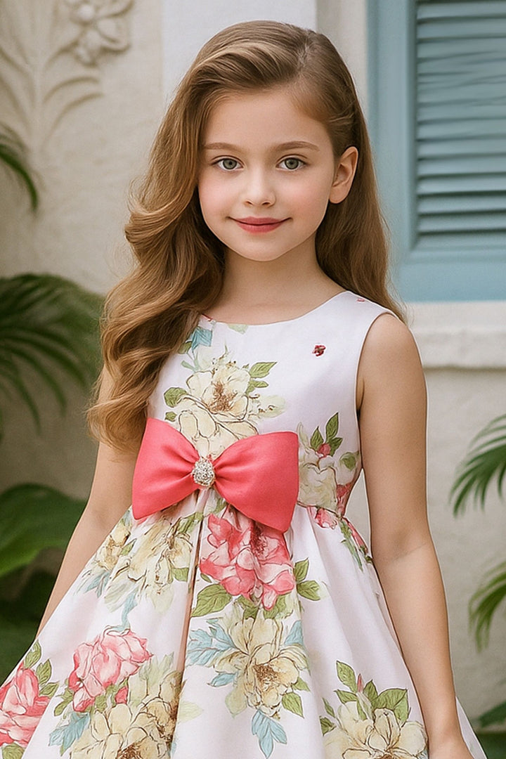 Pastel Pink Stone work with Floral Print Short Partywear Frock for Girls