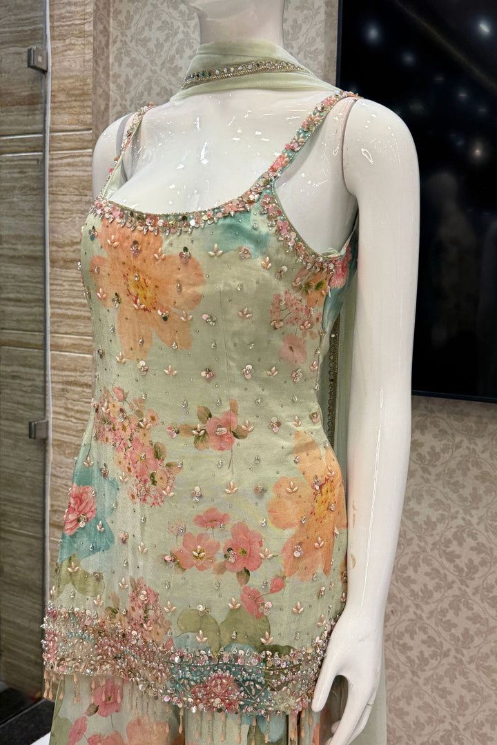 Sea Green Stone, Beads and Kundan work with Floral Print Palazzo Salwar Suit