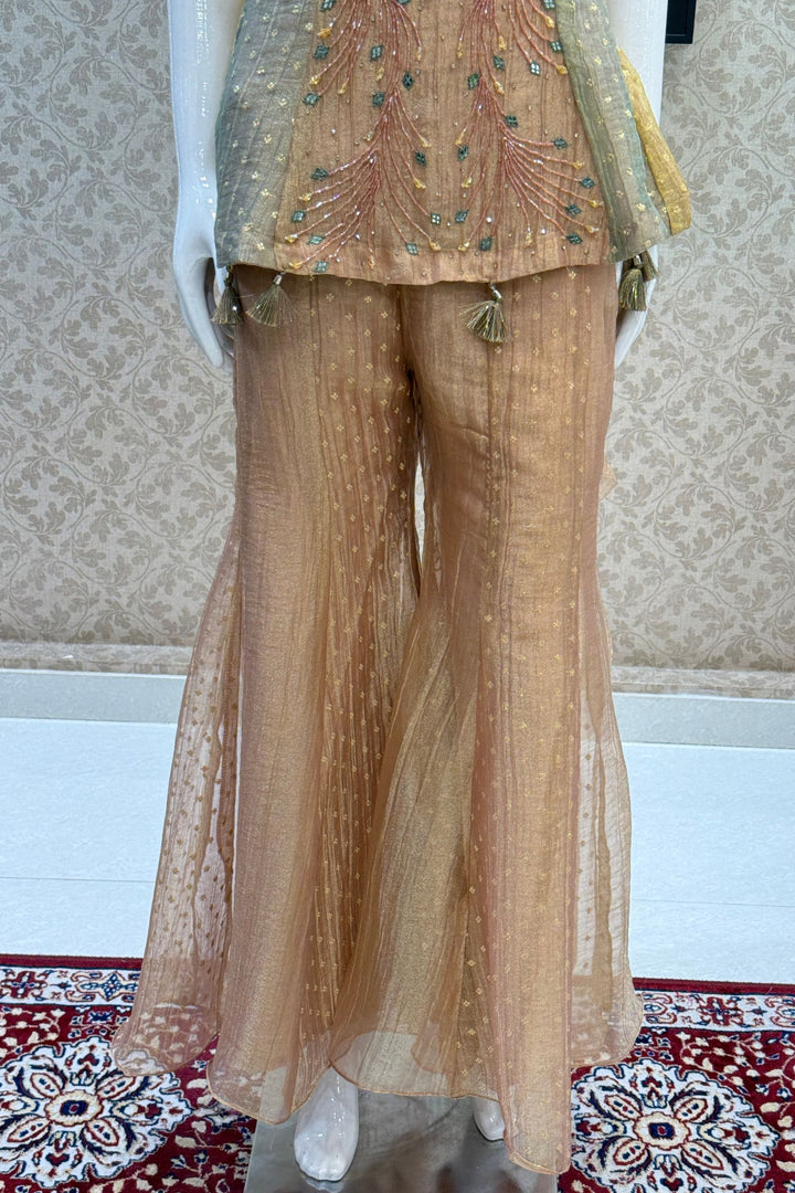 Multicolor Palazzo Set with Zari, Beads, Mirror, Stone and Zardozi work Peplum Top