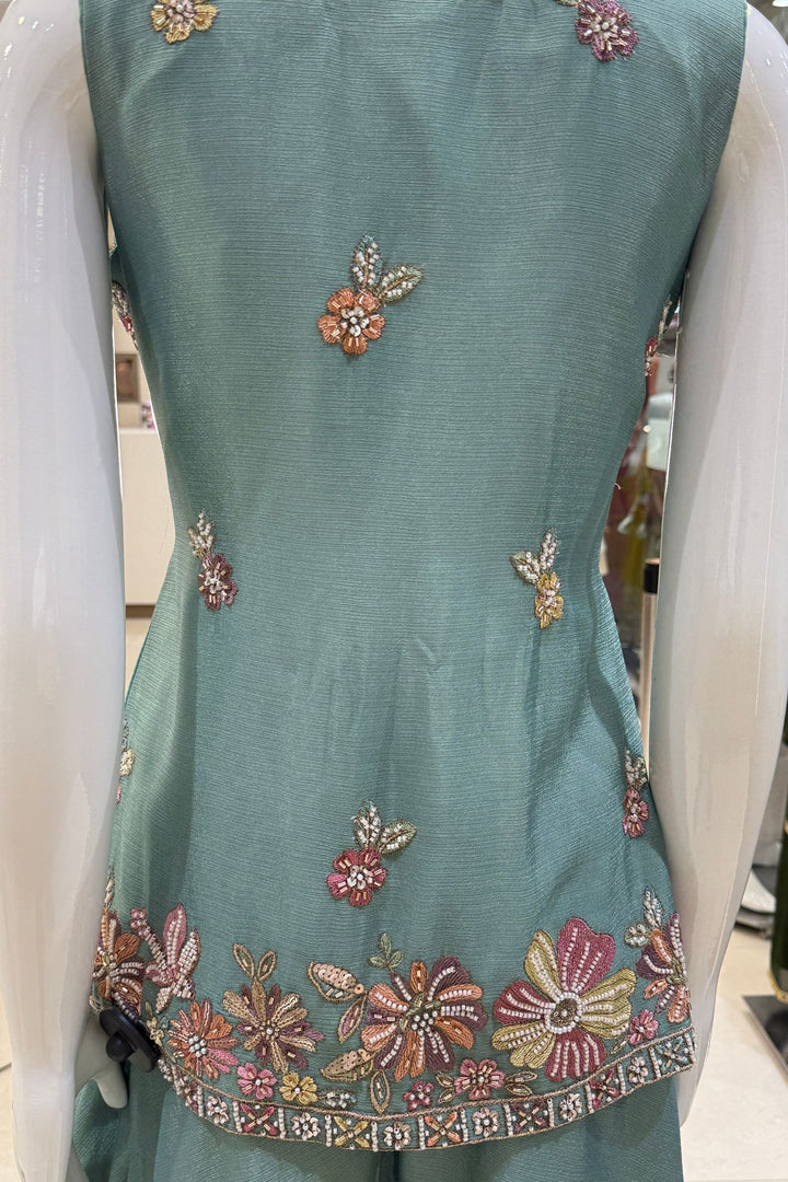 Sea Green Palazzo Set Featuring All-Over Multicolor Embroidery, Beads, Sequins and Zari
