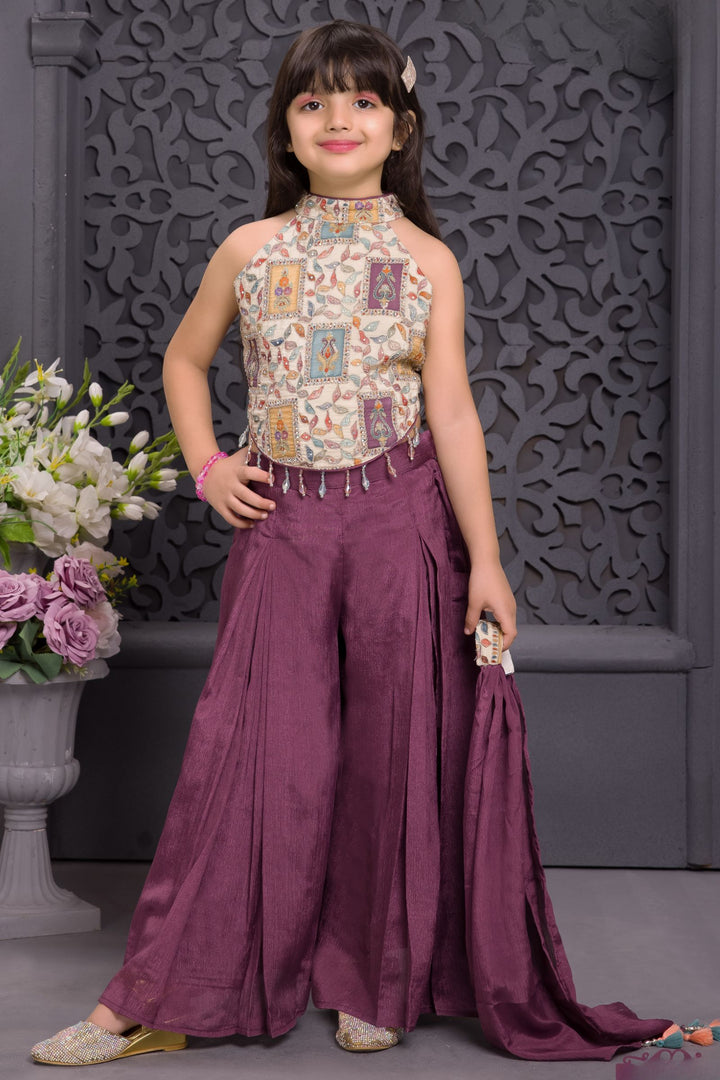 Cream with Purple Girls Palazzo Set with Printed Halter Top
