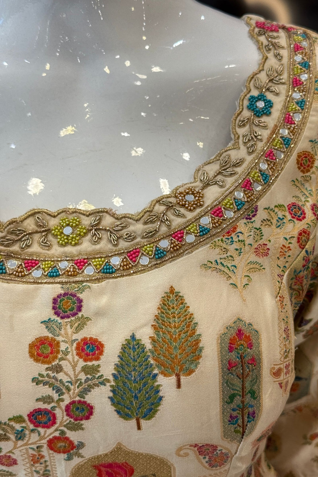 Beige Beads, Mirror, Zardozi and Banaras work Palazzo Salwar Suit