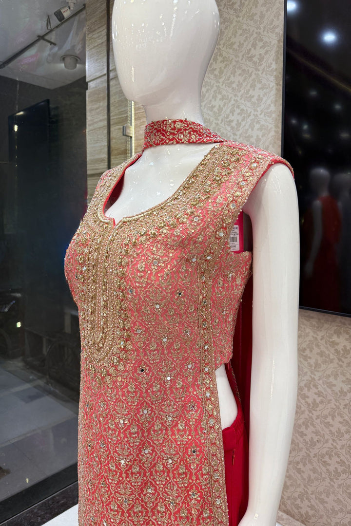 Peach with Pink Mirror, Zari, Sequins and Beads work Palazzo Salwar Suit