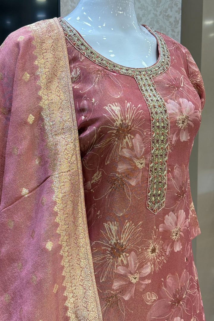 Gajri Pink Mirror, Zardozi and Banaras work with Floral Print Straight Cut Salwar Suit