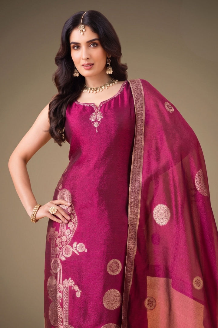 Magenta Banaras, Zardozi, Zari, Sequins and Stone work Straight Cut Salwar Suit