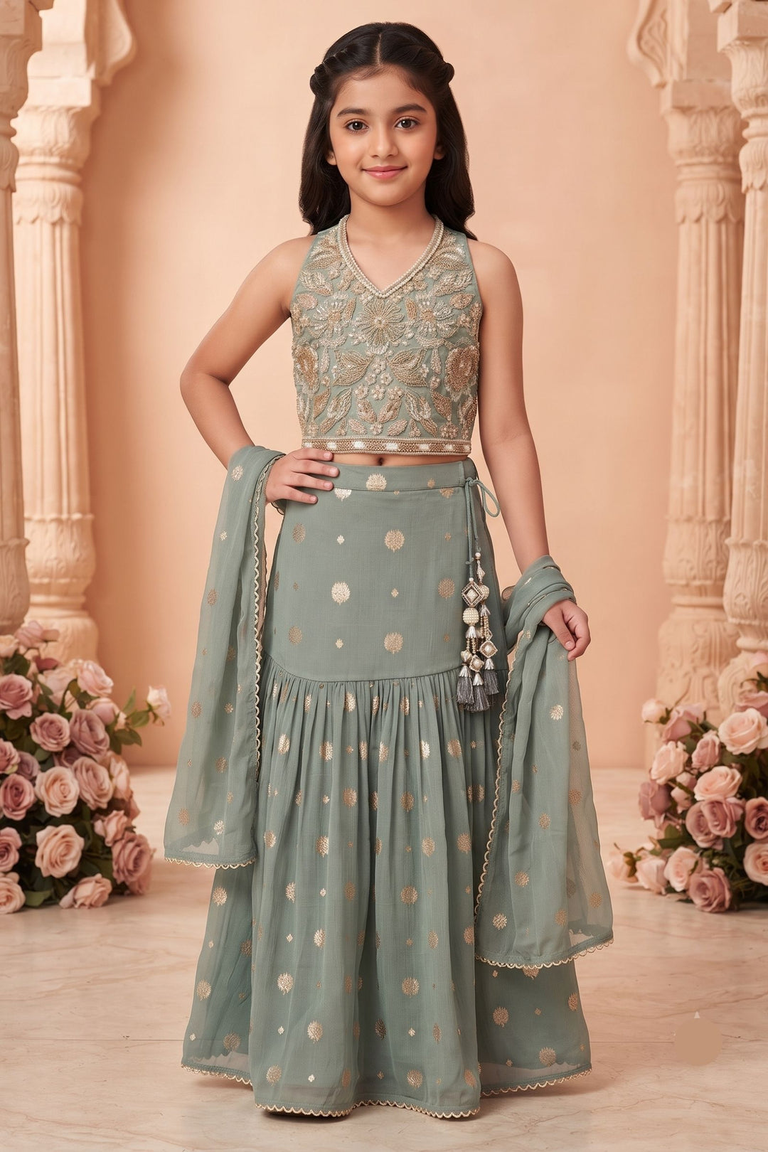 Sea Green Halter Neck Girls Lehenga Choli with Zari, Beads and Thread work