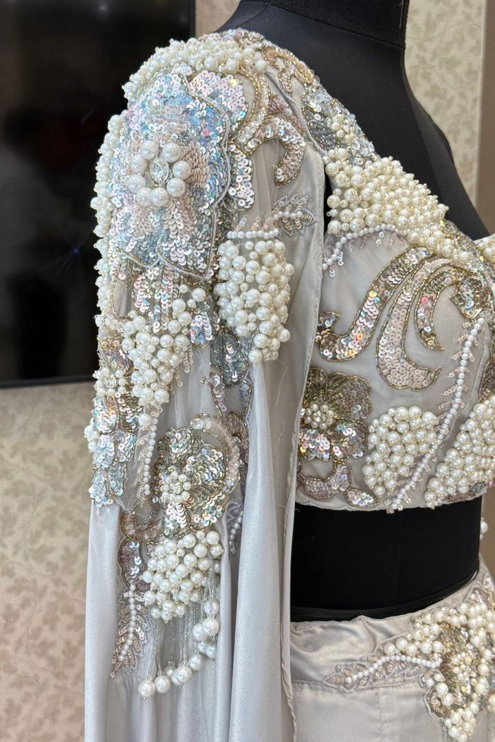 Grey Pearls, Sequins and Beads work Indo-Western Styled Lehenga