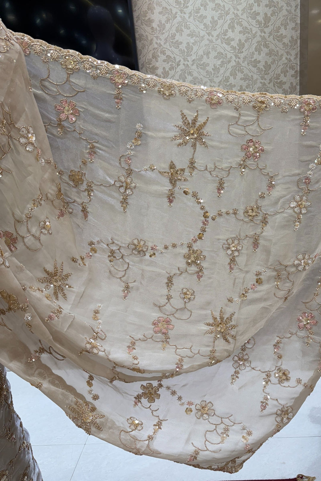 Light Beige Sequins, Beads, Zari and Pearls work Saree