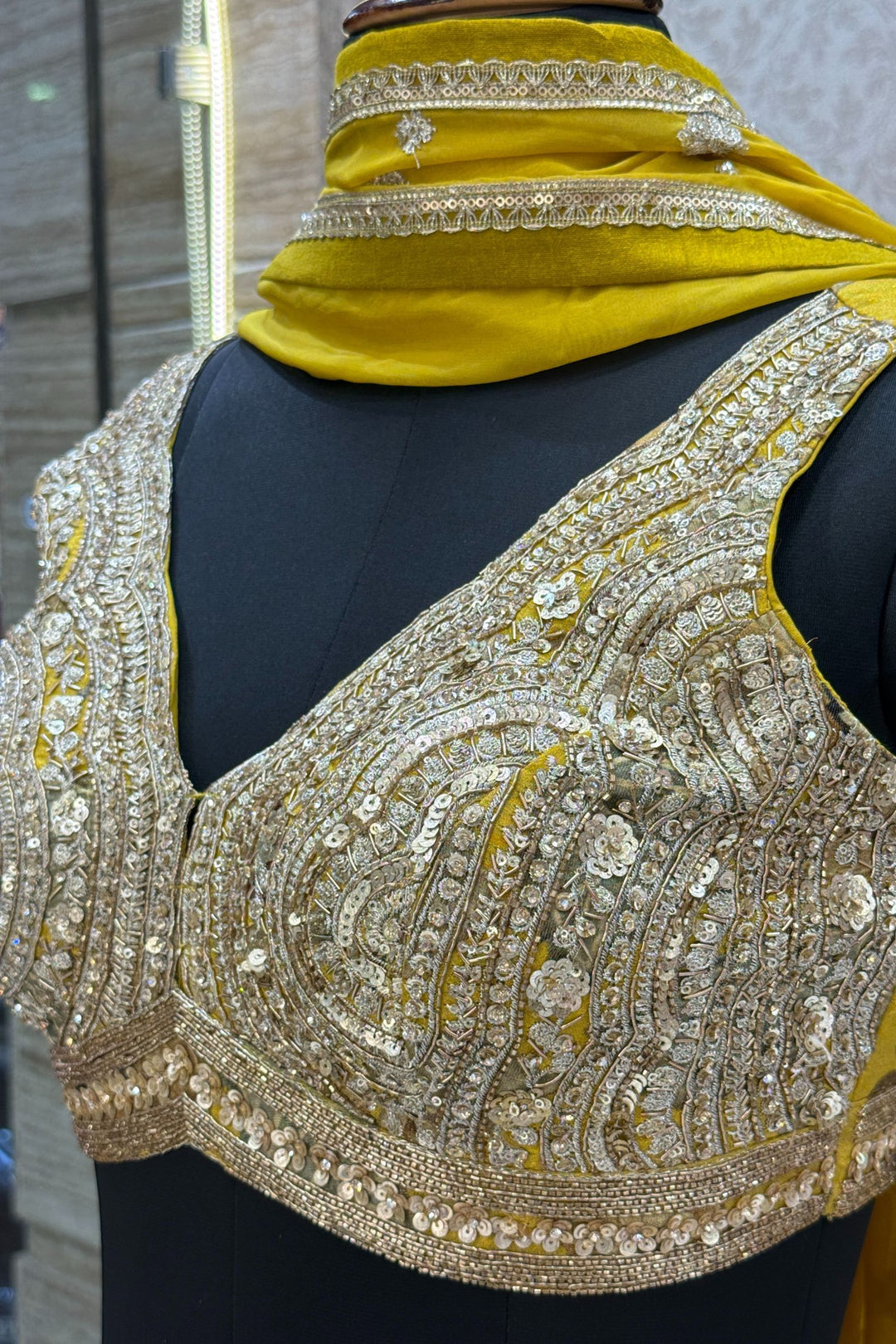 Olive Green Sequins, Stone, Beads, Zari and Zardozi work with Digital Print Crop Top Lehenga