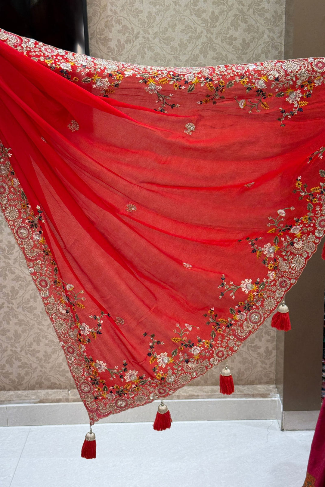 Red Saree with Multicolor Embroidery, Zari and Sequins Embellishments