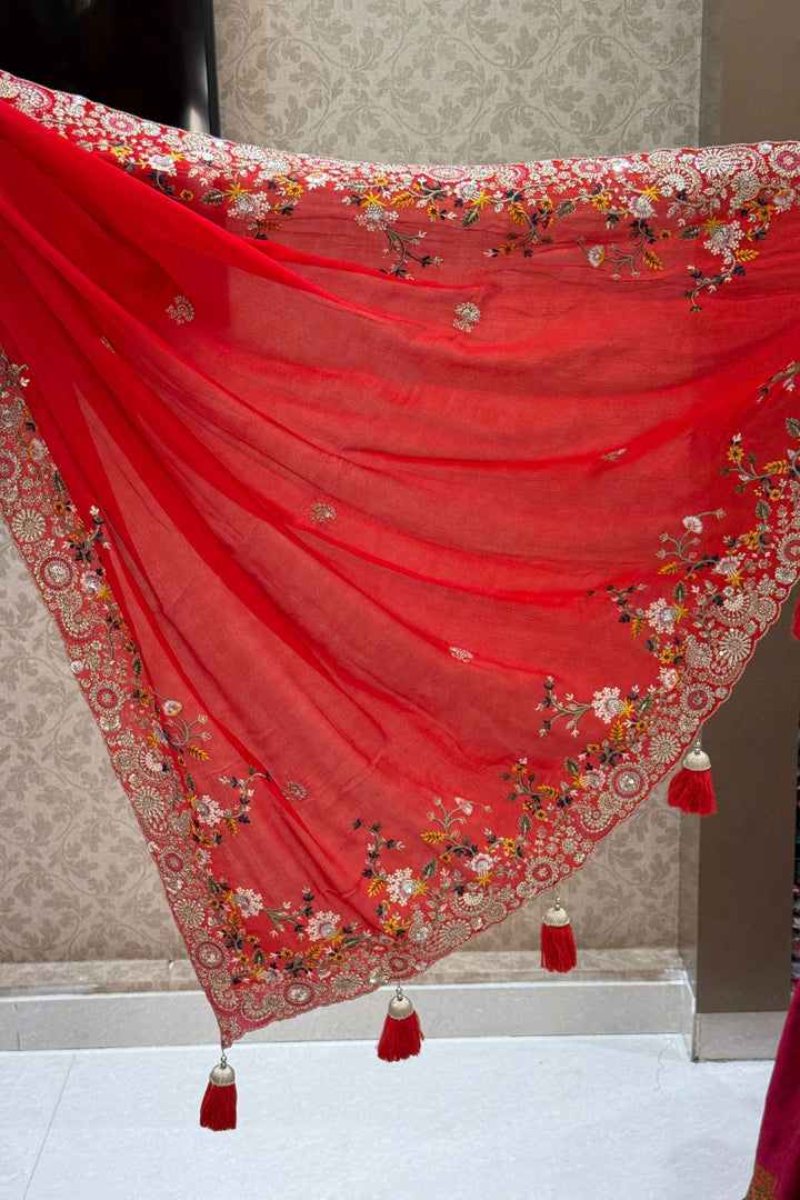 Red Saree with Multicolor Embroidery, Zari and Sequins Embellishments