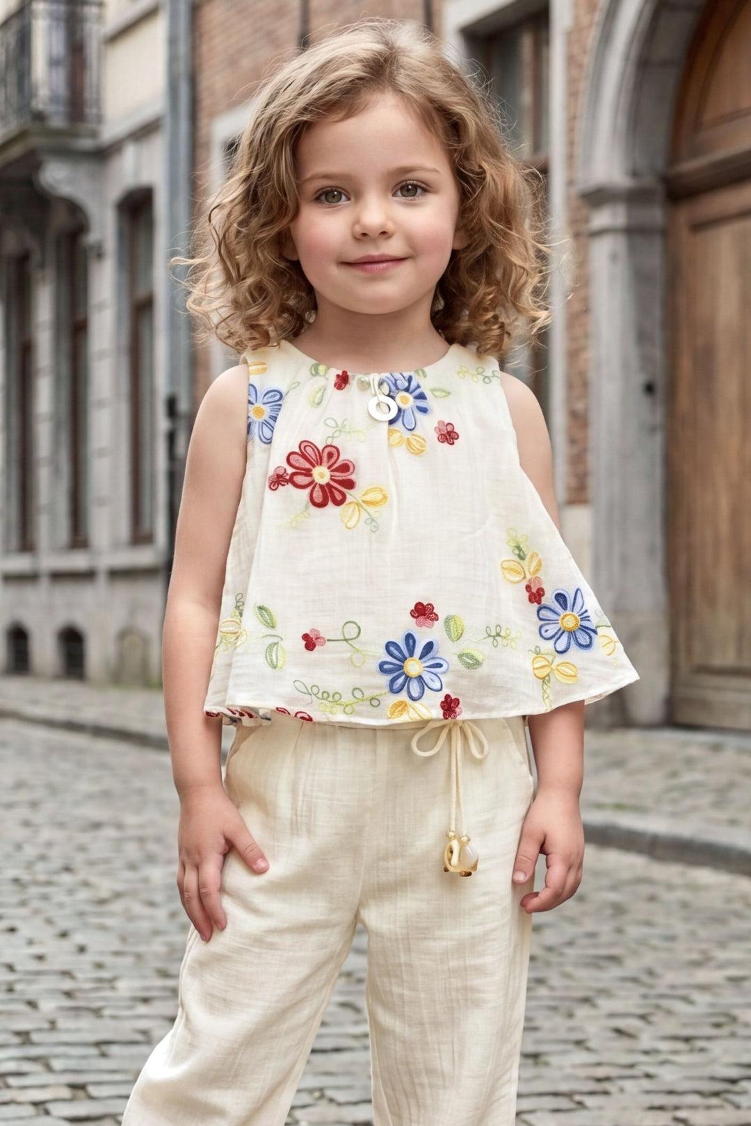 Cream Multicolor Embroidery Top and Palazzo Set for Girls
