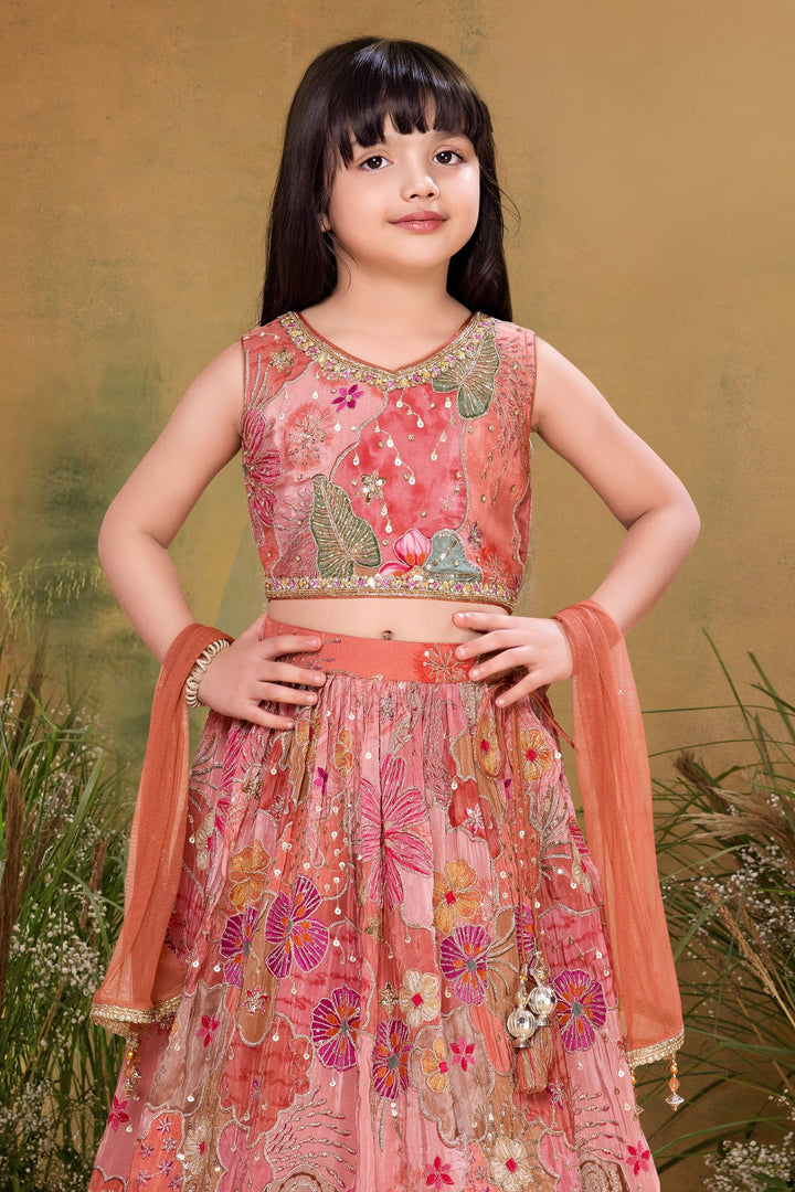 Dark Orange Sequins and Beads work with Multicolor Digital Print Lehenga Choli for Girls