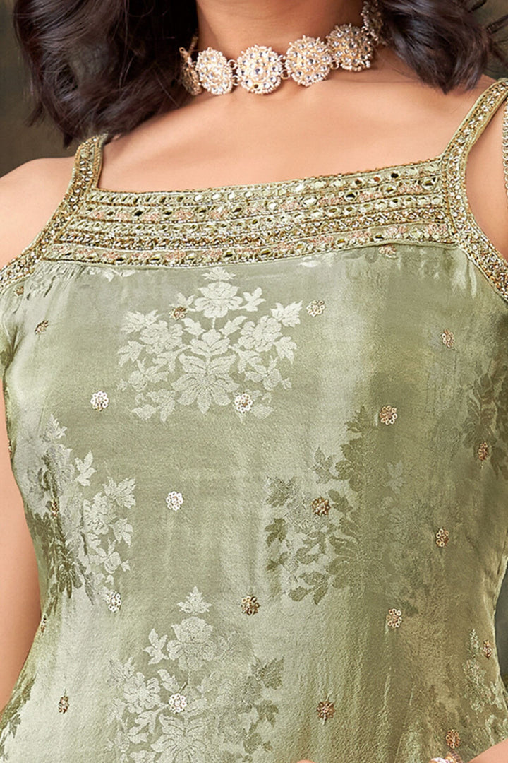 Sea Green Banaras, Sequins, Zari, Mirror, Stone and Beads work Palazzo Salwar Suit