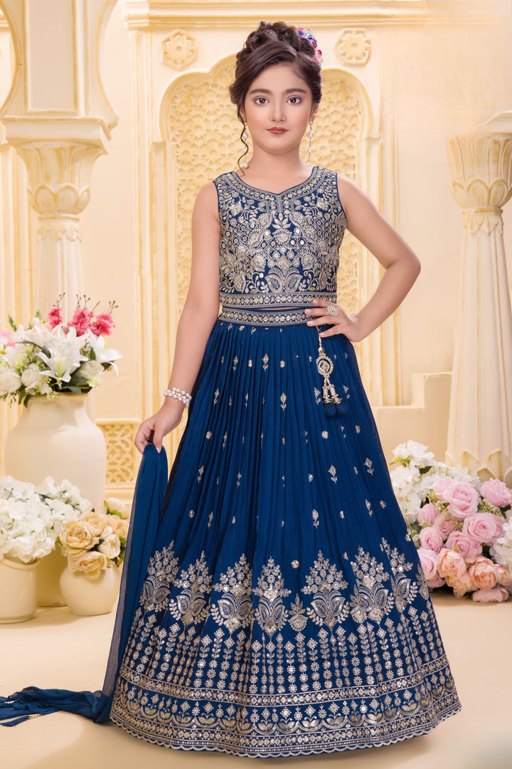 Peacock Blue Sequins and Zari work Lehenga Choli for Girls