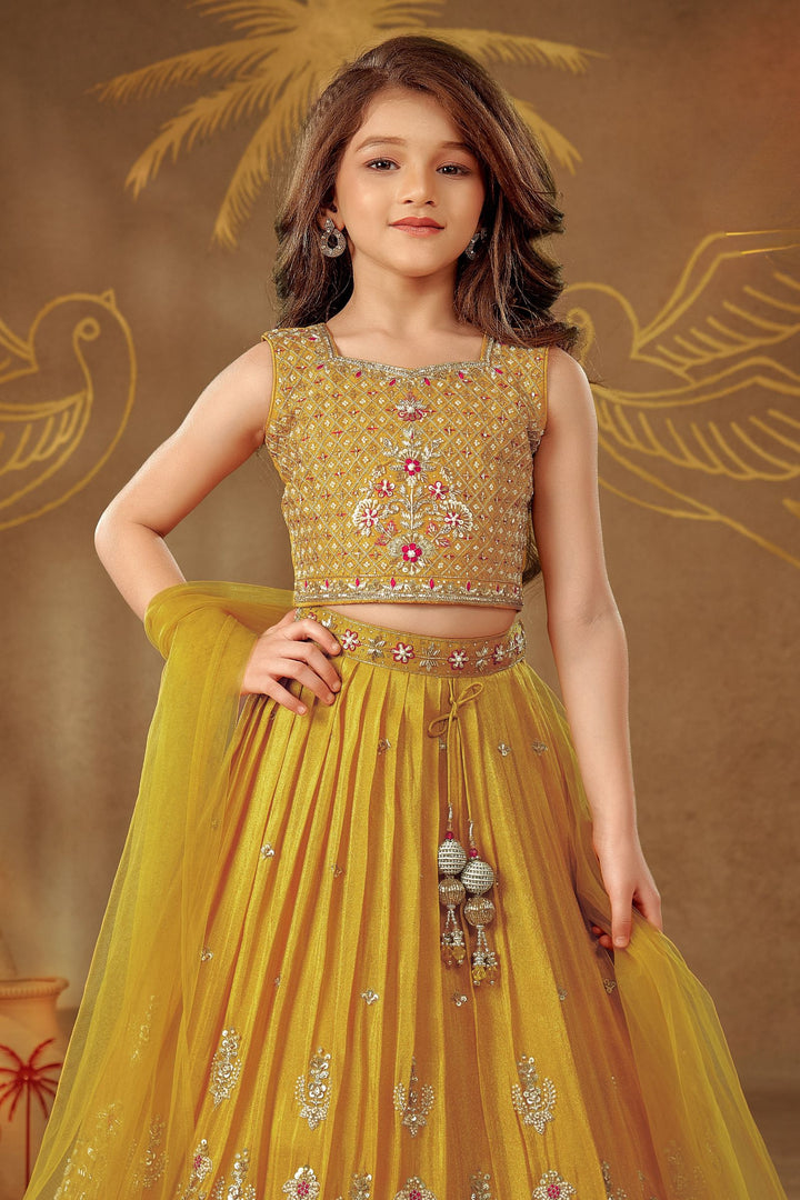 Yellow Beads, Zari, Sequins, Stone and Thread work Lehenga Choli for Girls