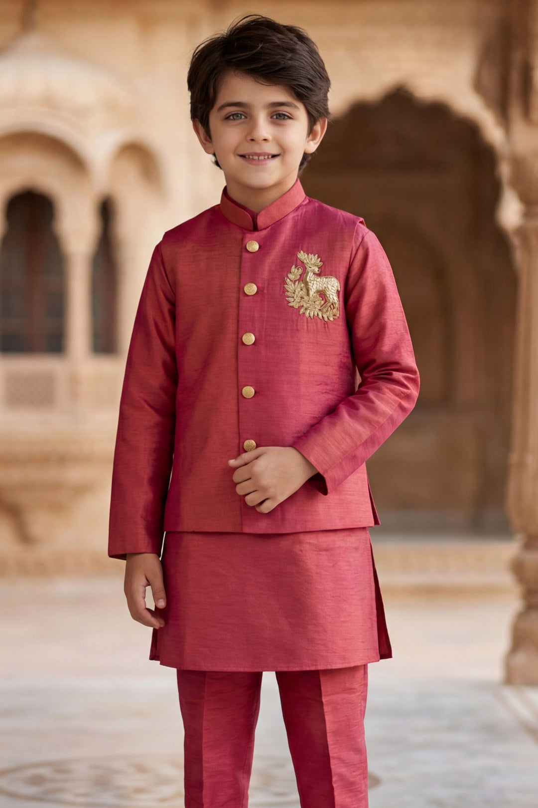 Onion Pink Zardozi work Waist Coat Kurta Set for Boys