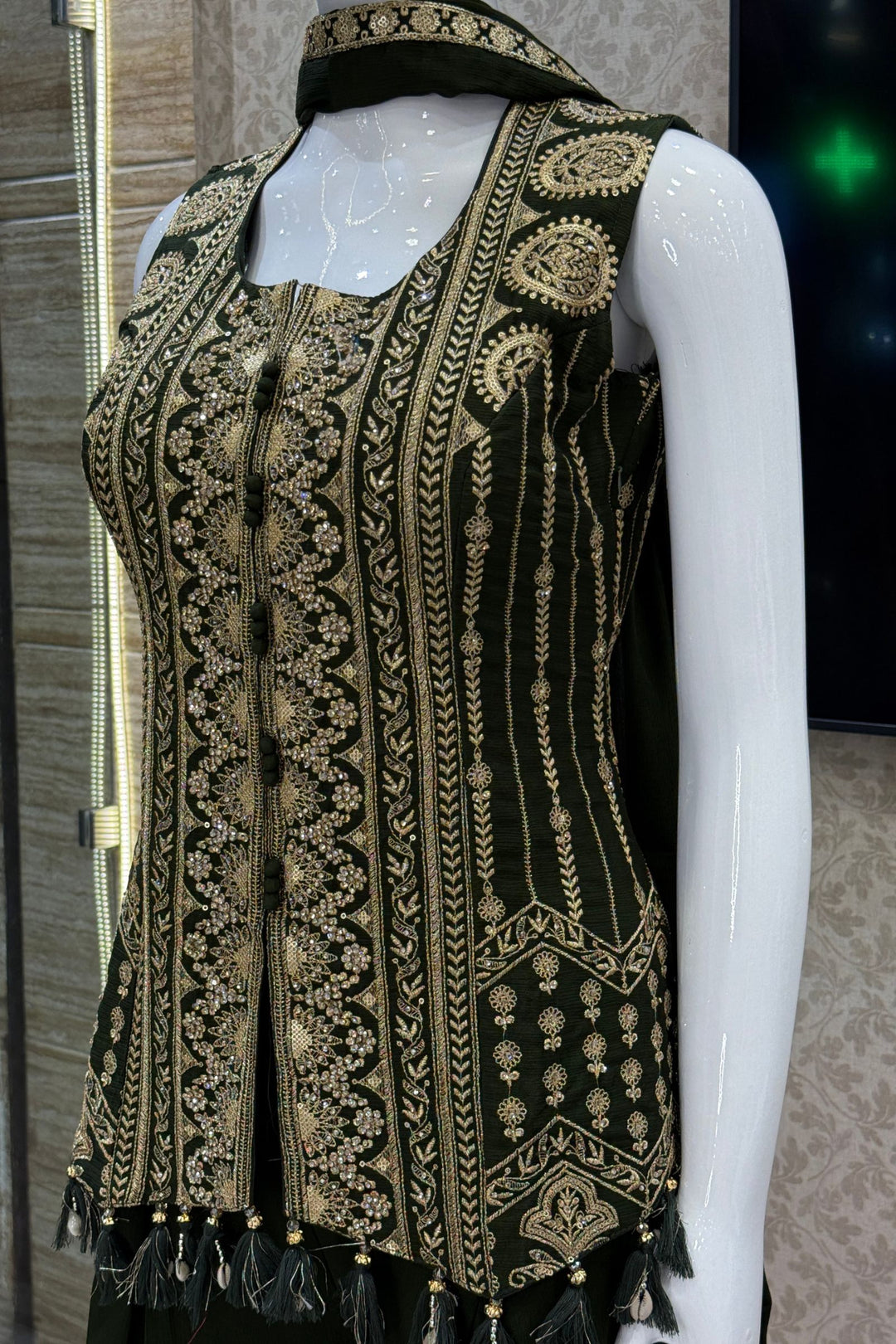 Bottle Green Palazzo Set Featuring All-Over Sequins, Zari, Stone and Beads